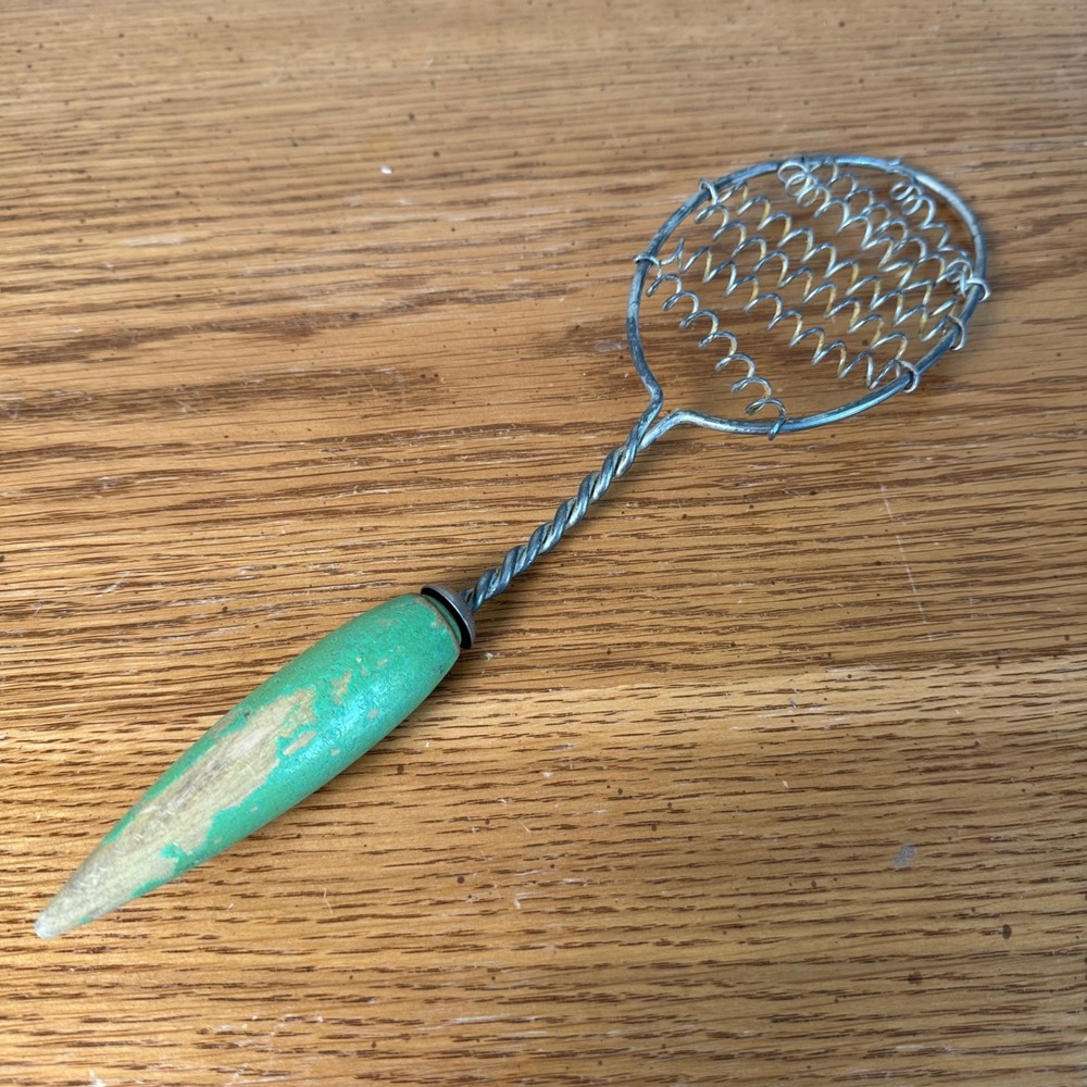 Vintage Androck‎ Whisk Strainer Green Wood Handle Wire Coil Whisk Made in USA